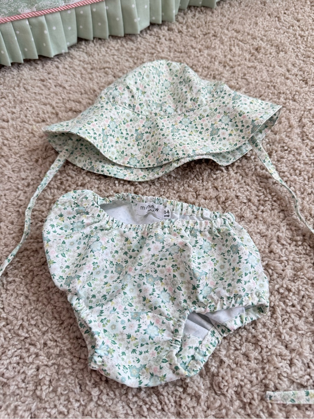 Mini Floral Cotton Sun Hat with Matching Bloomers - Sage Green